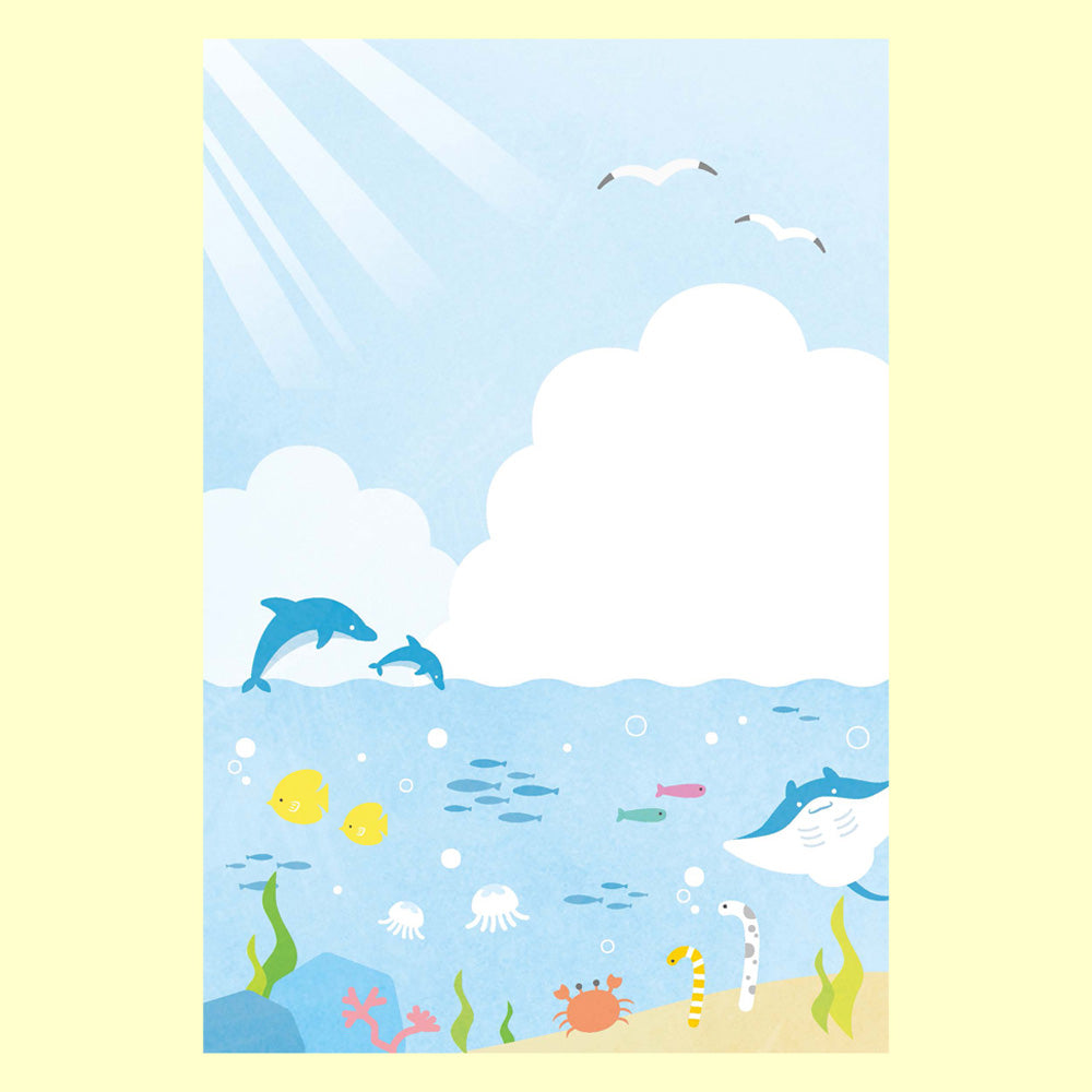 バラエティポストカード「きらり」 「海」通信面 マキシマムカード イルカ 空 マンボウ イラスト 夏 サンゴ礁 チンアナゴ かもめ