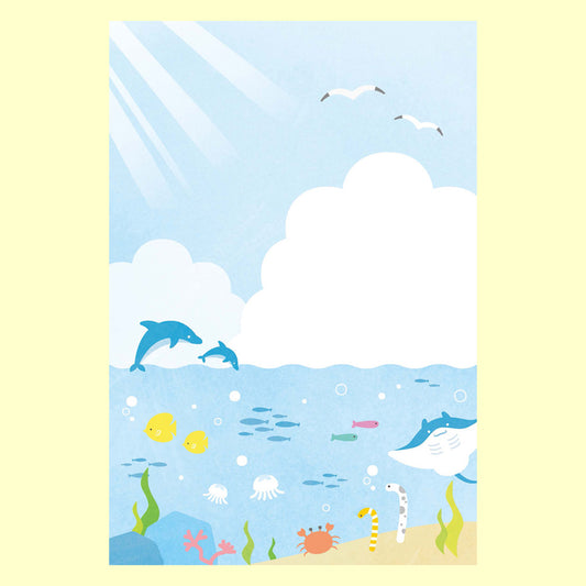 バラエティポストカード「きらり」　「海」通信面　マキシマムカード  イルカ  空  マンボウ  イラスト  夏  サンゴ礁  チンアナゴ  かもめ