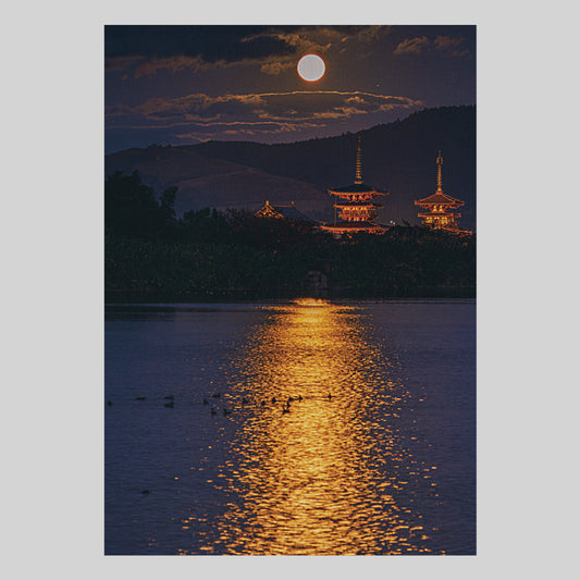 大池湖畔から望む月夜の薬師寺（NBC）